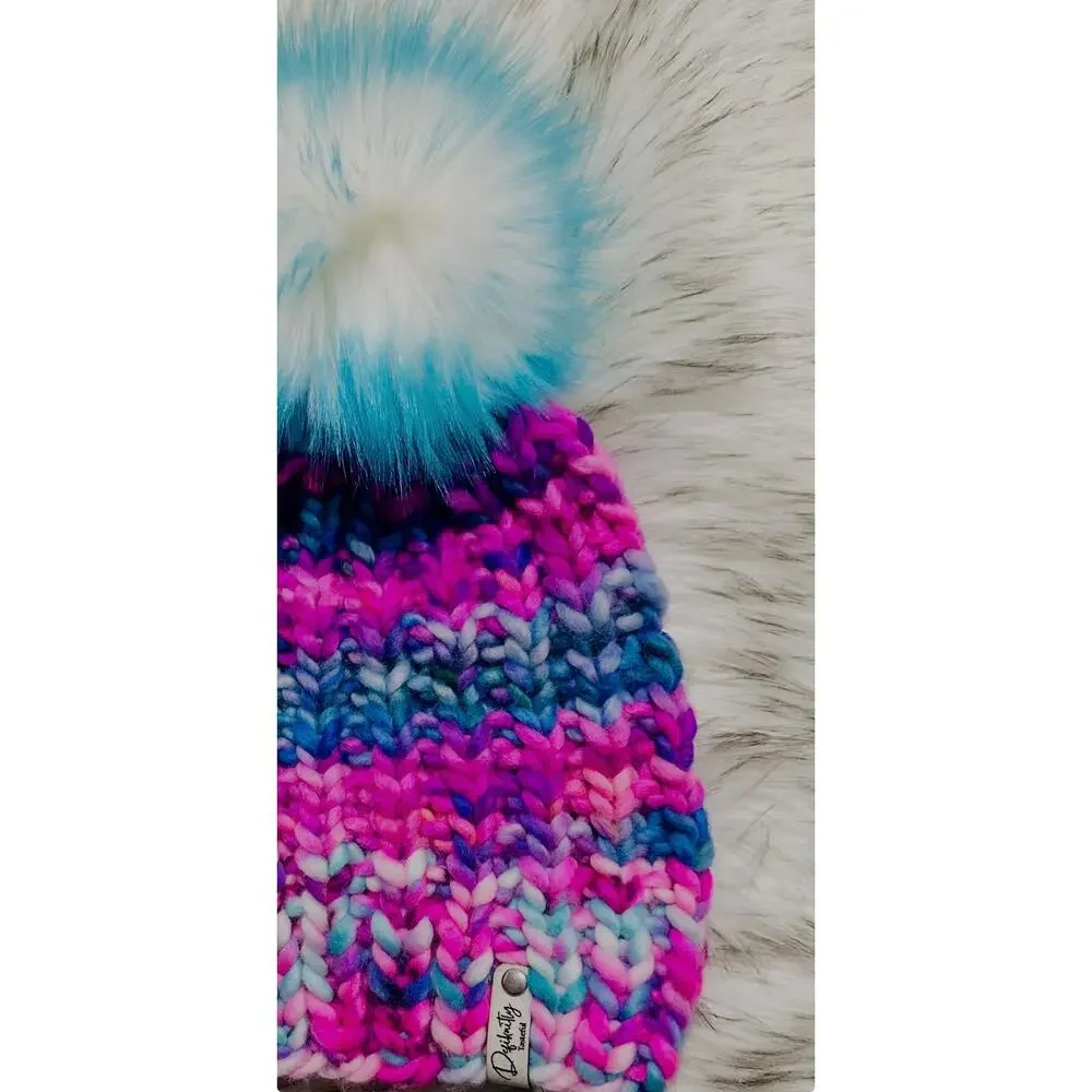 Hand Knit Scrappy Merino Wool Beanie: DefiKnitly Tasteful Knit Hat with Faux Fur